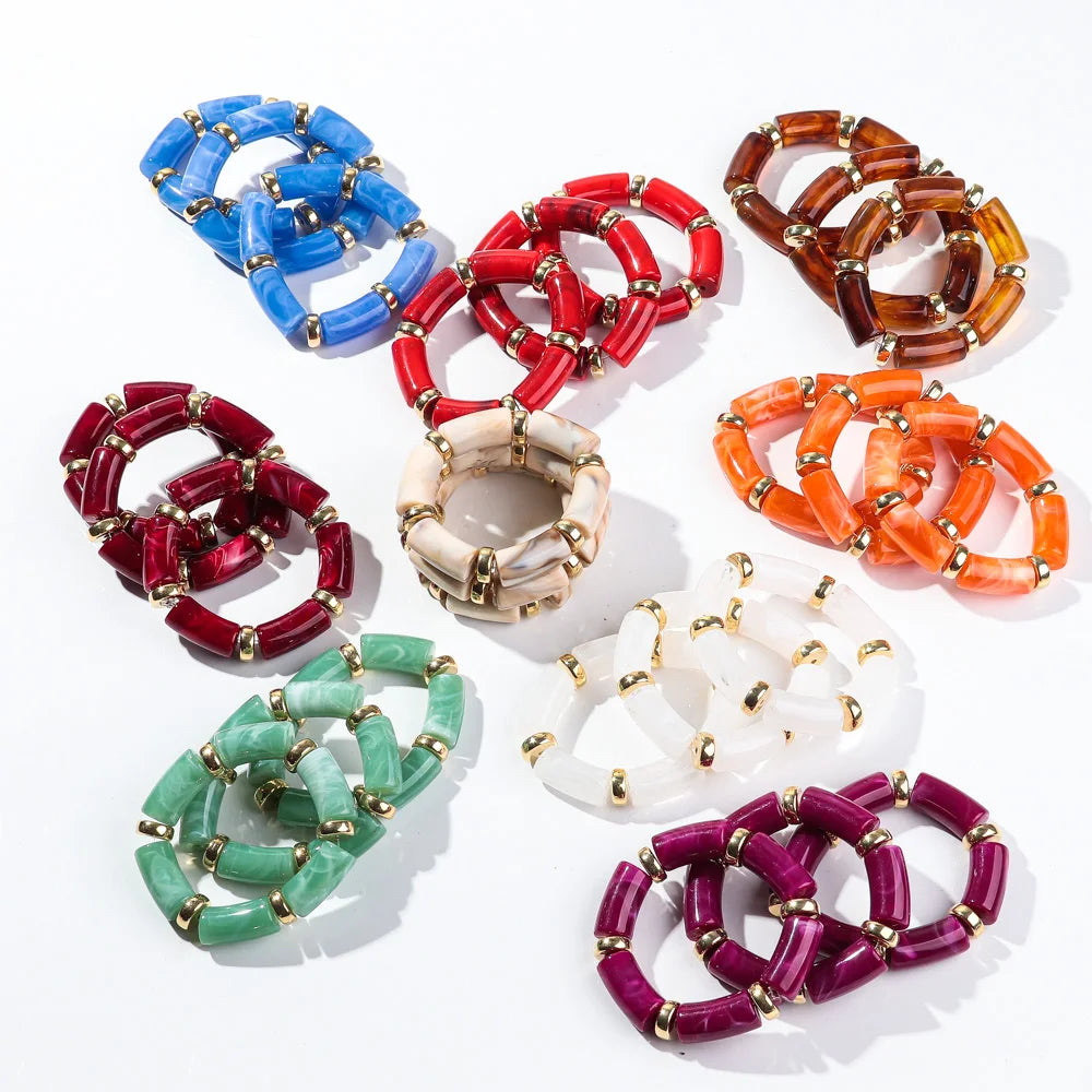Bamboo tube bead bracelet set with blue, red, brown, white, green, purple, and orange tubes