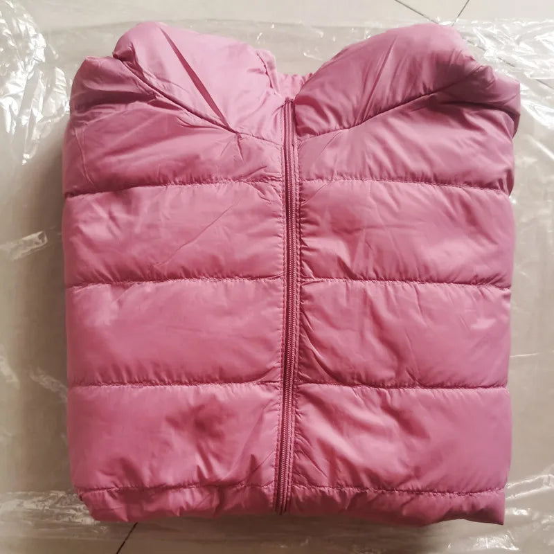 Women’s short puffer jacket, light pink, zip-front with hood