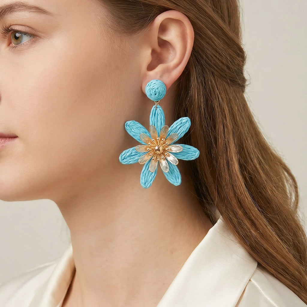 French Vintage Raffia Floral Dangle Earrings | Lightweight Summer Statement Earrings