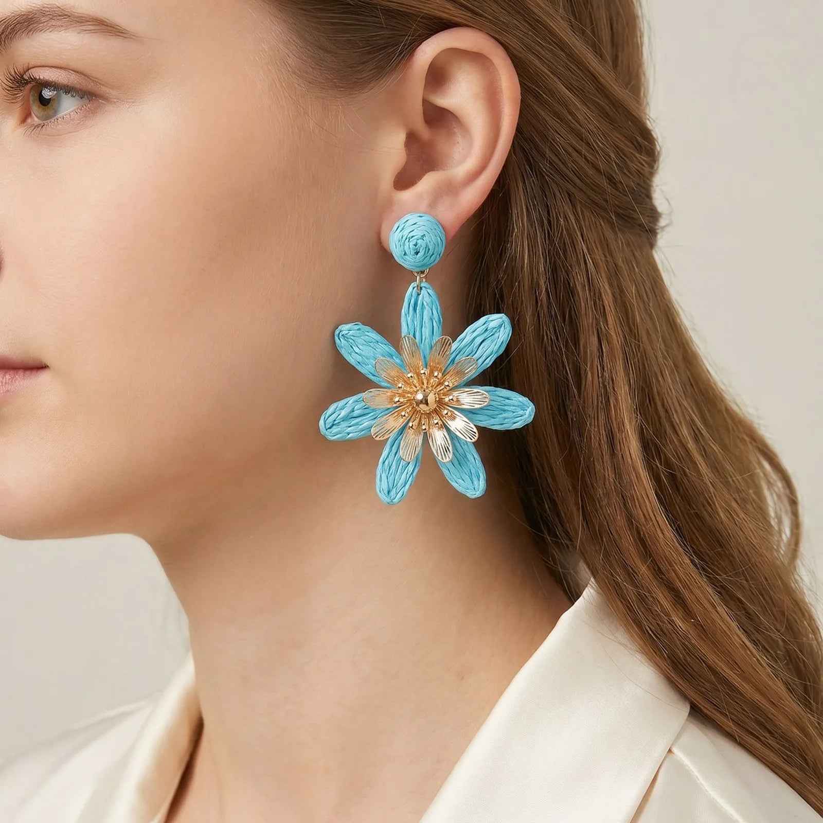 French Vintage Raffia Floral Dangle Earrings | Lightweight Summer Statement Earrings