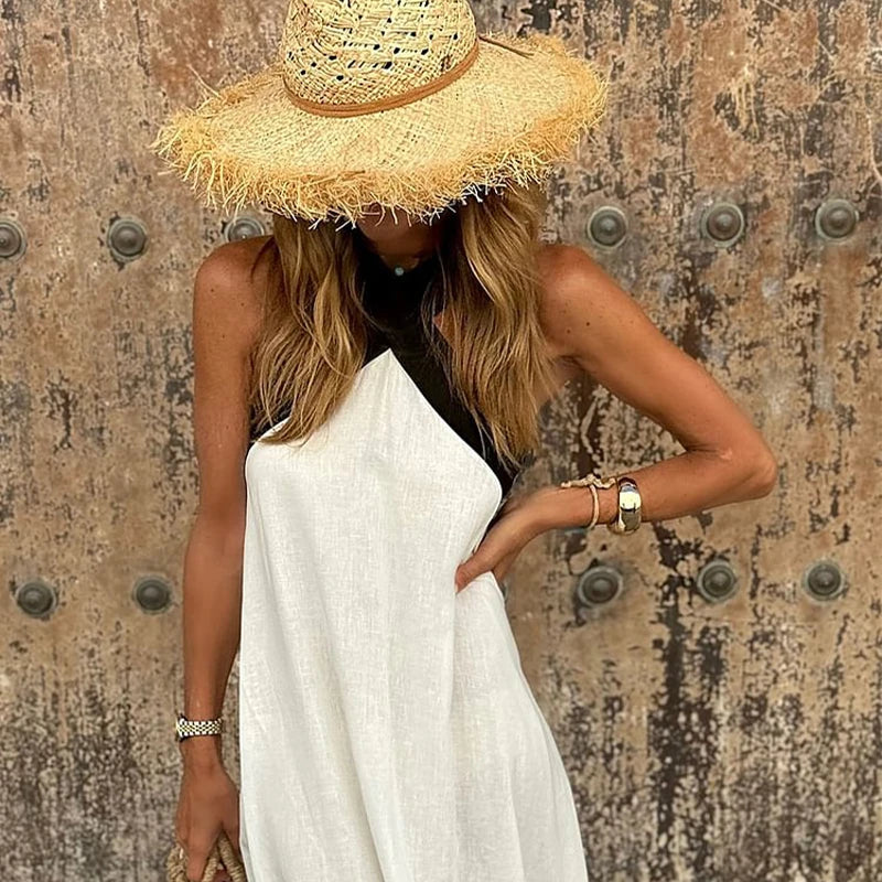 White halter neck linen maxi dress bodice with cross strap neckline