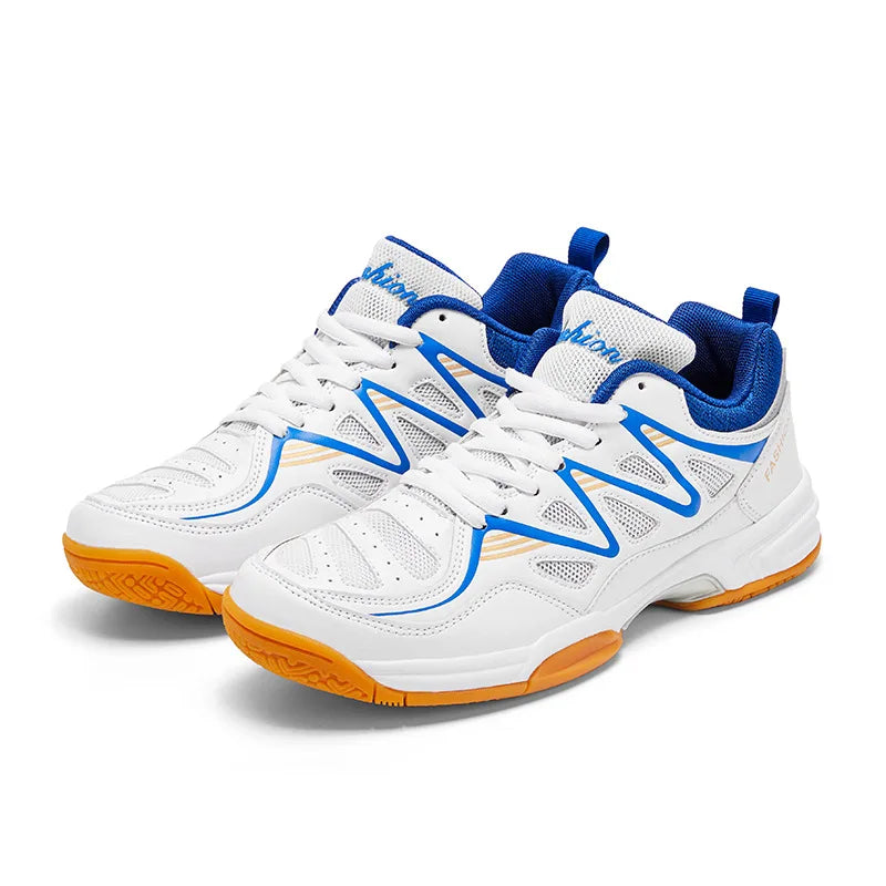 White and blue lace-up court sneakers with blue heel collar and gum orange outsole.