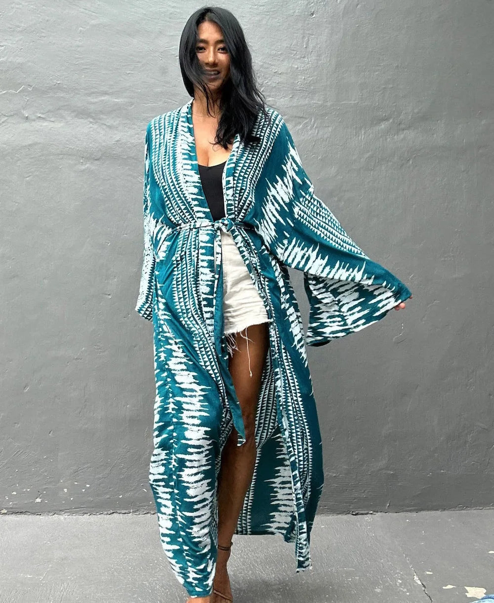Tie Dye Kimono Wrap Dress | Self-Belted Beach Cover-Up for Women