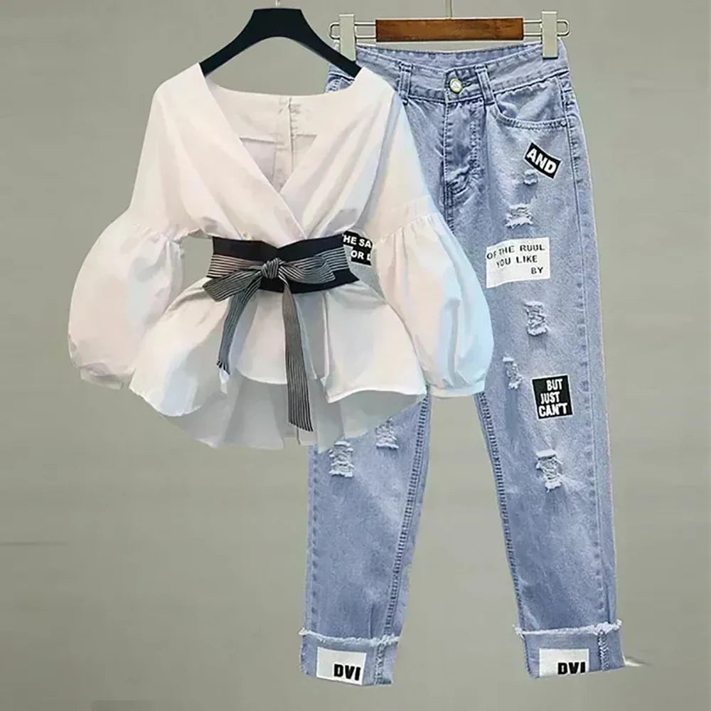 Two-piece set: white V-neck chiffon blouse with bow and light-wash ripped jeans