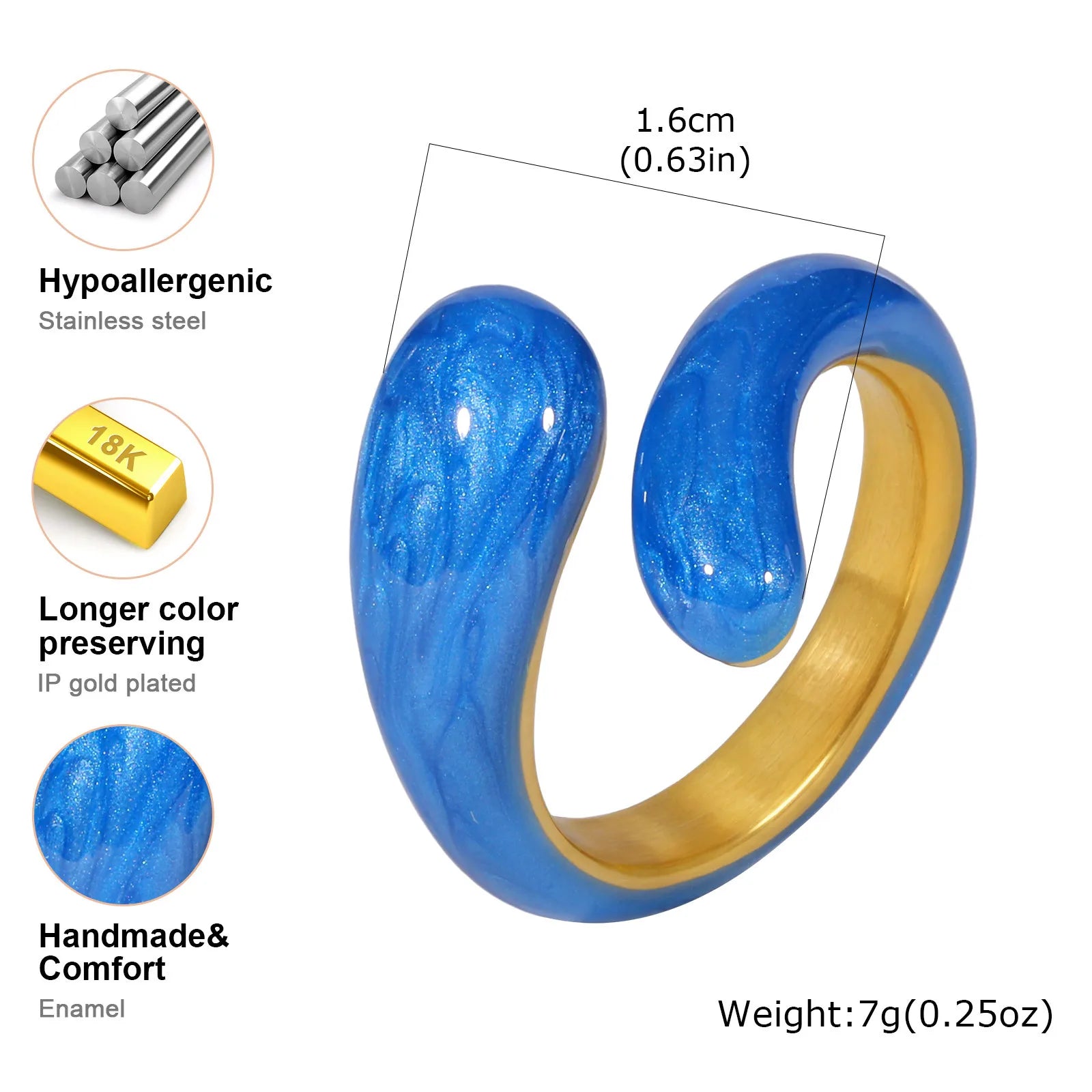 Chunky enamel crossover ring with glossy blue outer enamel and gold-tone inner band.