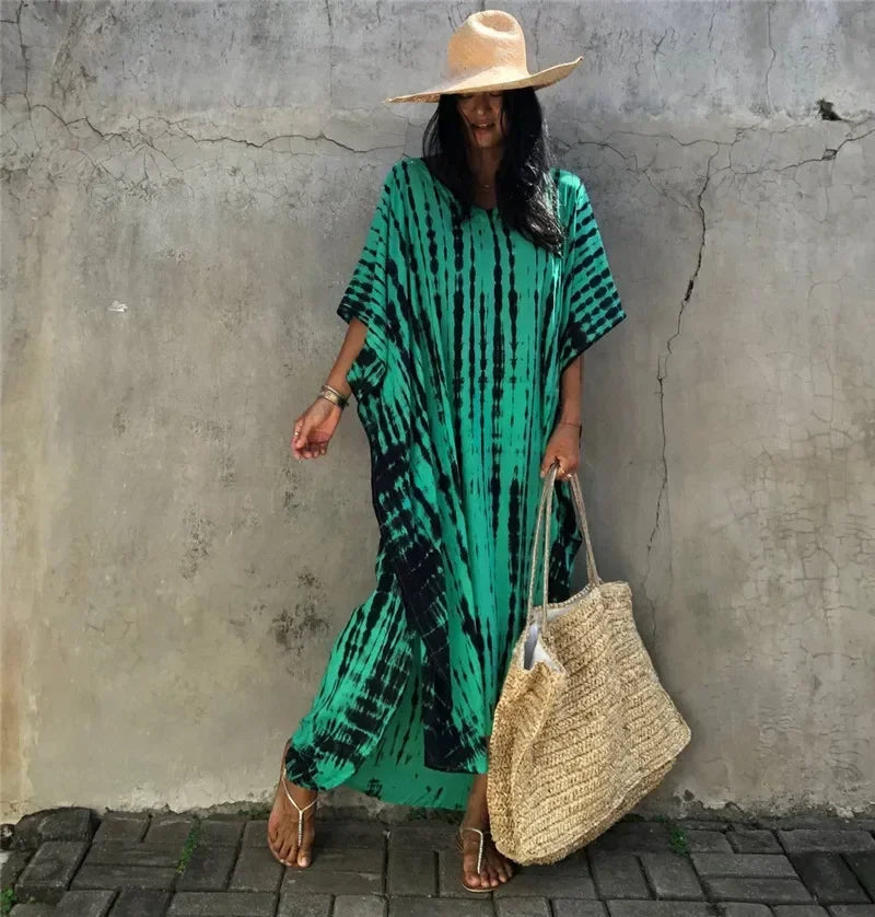 Boho striped beach kaftan cover-up, green tie-dye maxi dress, short sleeves