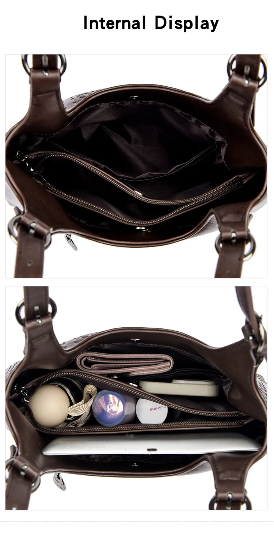 Brown open-top leather tote with front pocket and visible inner compartments