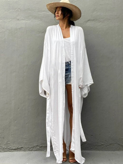 White boho kimono cardigan robe, open front with tie belt and wide elbow sleeves