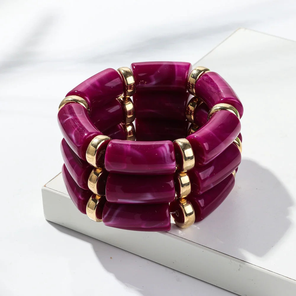 Purple bamboo tube bead bracelet set with gold-tone rings, chunky stretch 3-pack