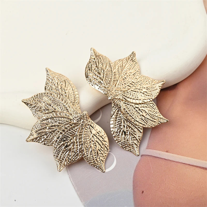 Oversized Gold Leaf Drop Earrings | Exaggerated Plant Drop Earrings for Women