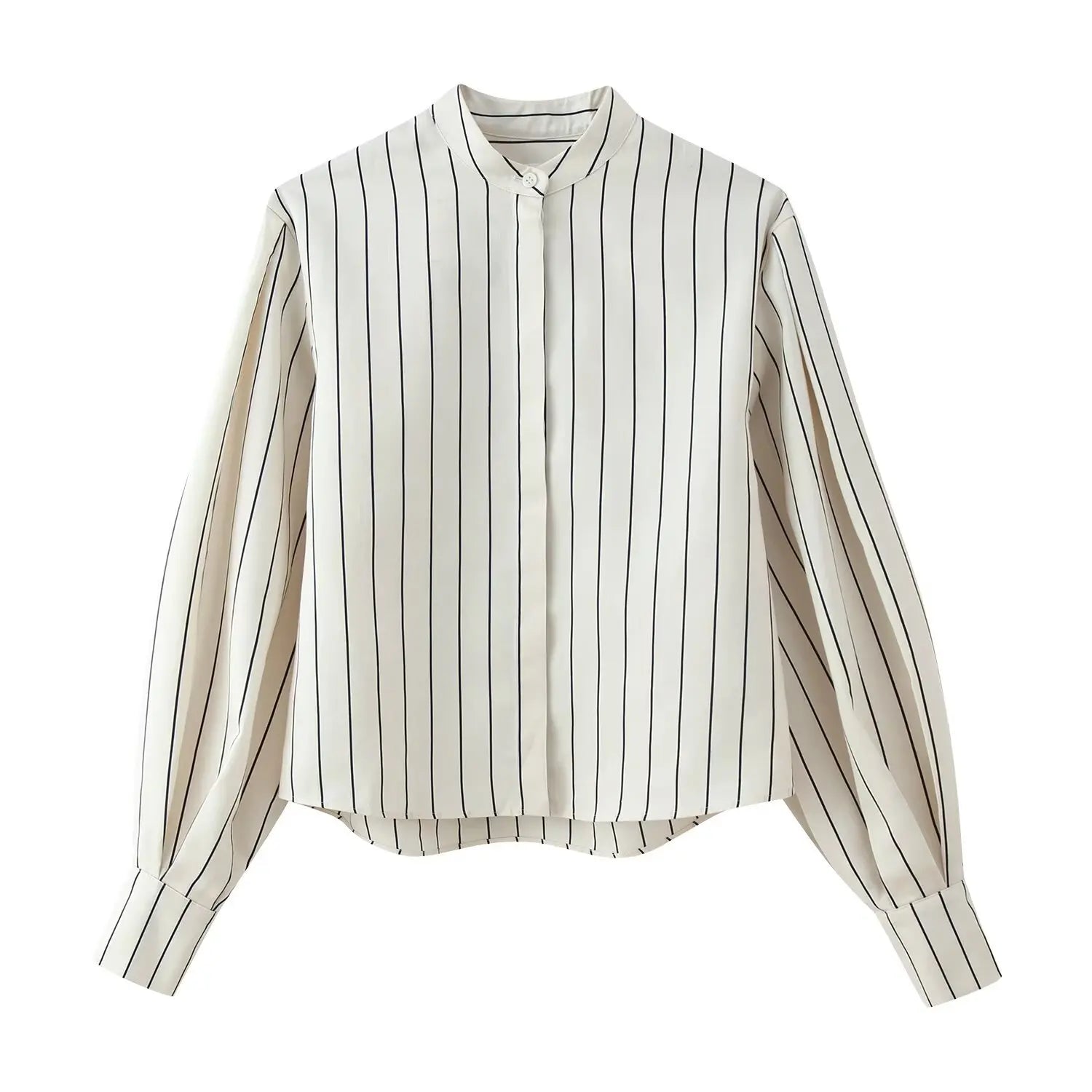 Striped button-up shirt, off-white with navy vertical pinstripes and long sleeves