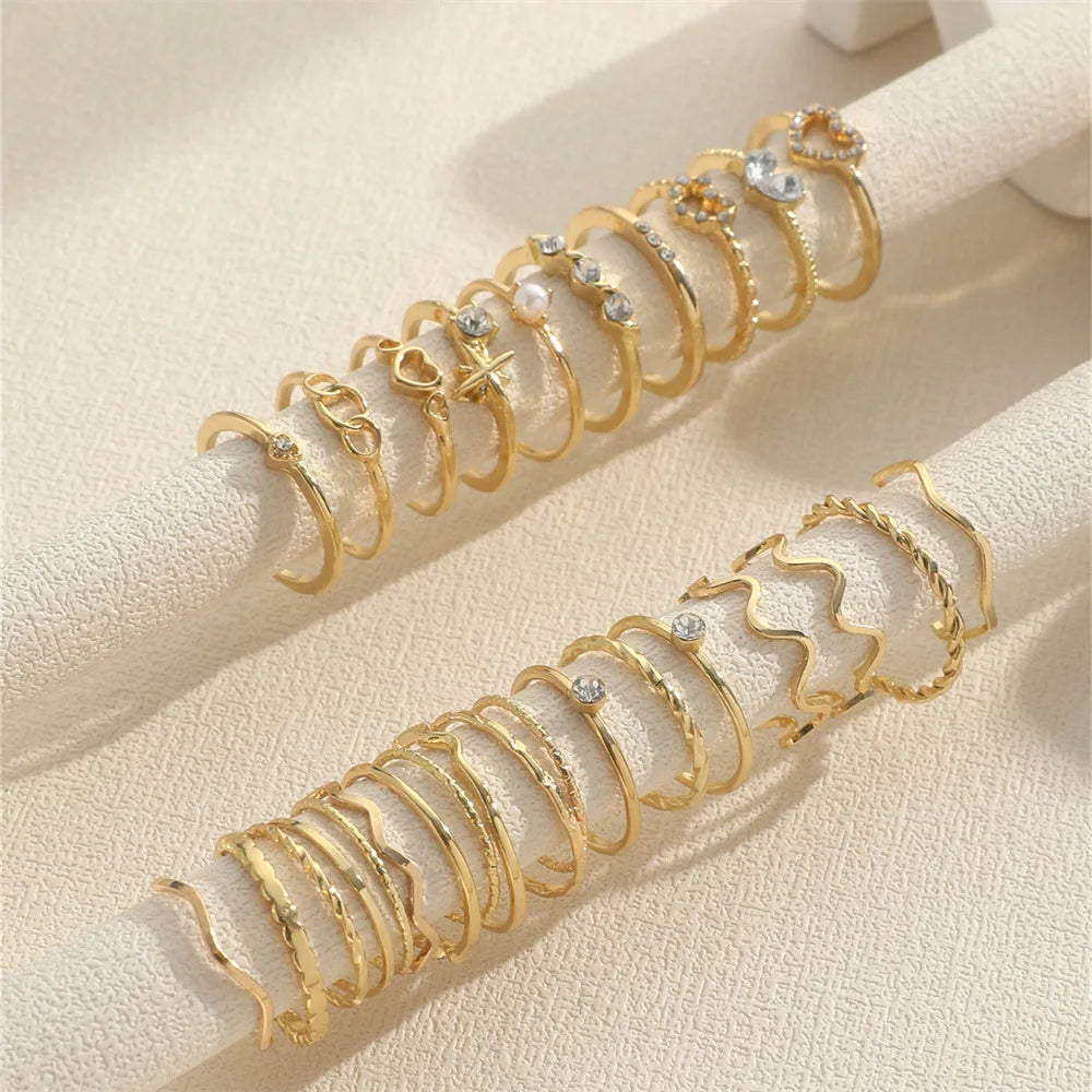 Crystal Wave & Heart Ring Set | Bohemian Stackable Rings for Women