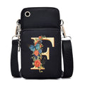 Black mini crossbody phone bag with floral alphabet letter F featuring butterfly and roses