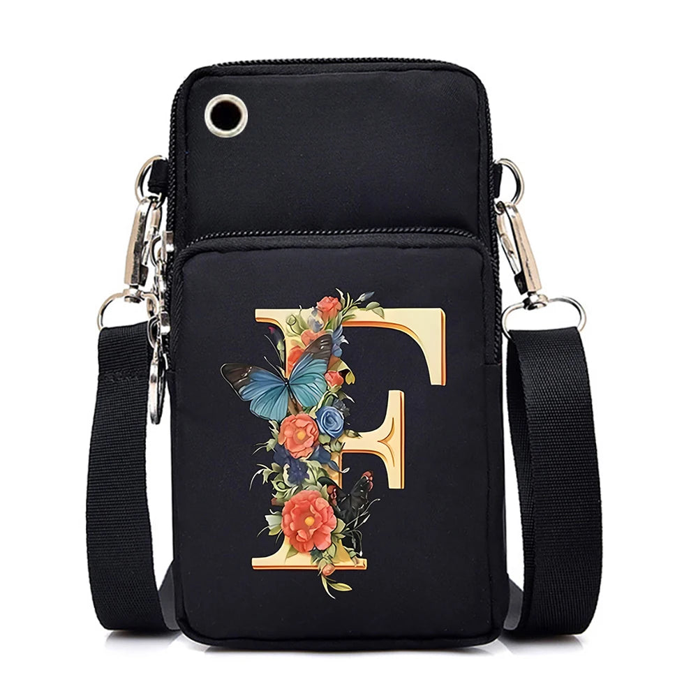 Black mini crossbody phone bag with floral alphabet letter F featuring butterfly and roses