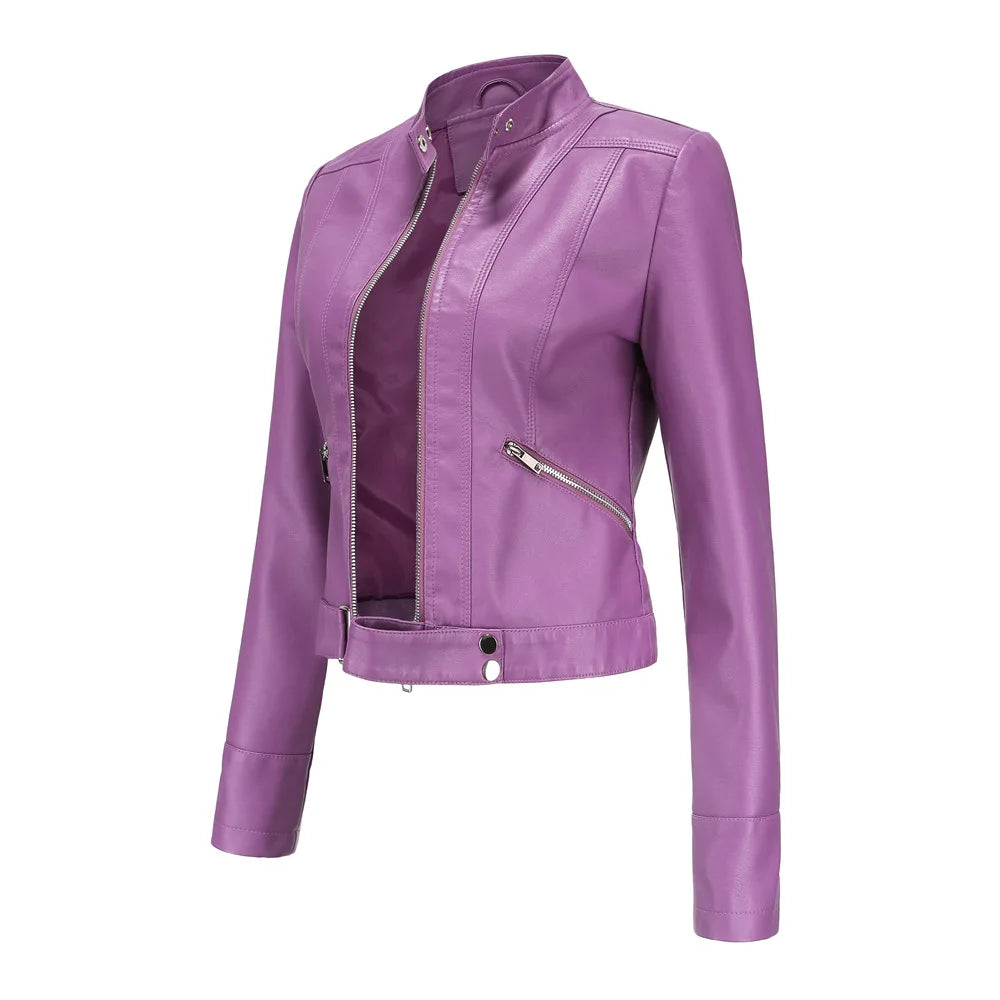 Purple faux leather zip-up moto jacket with mandarin collar and diagonal zipper pockets