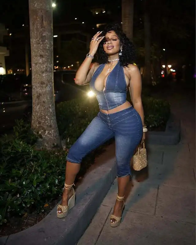 Y2K Denim Halter Crop Top & Jeans 2-Piece Set | Backless Streetwear for Women