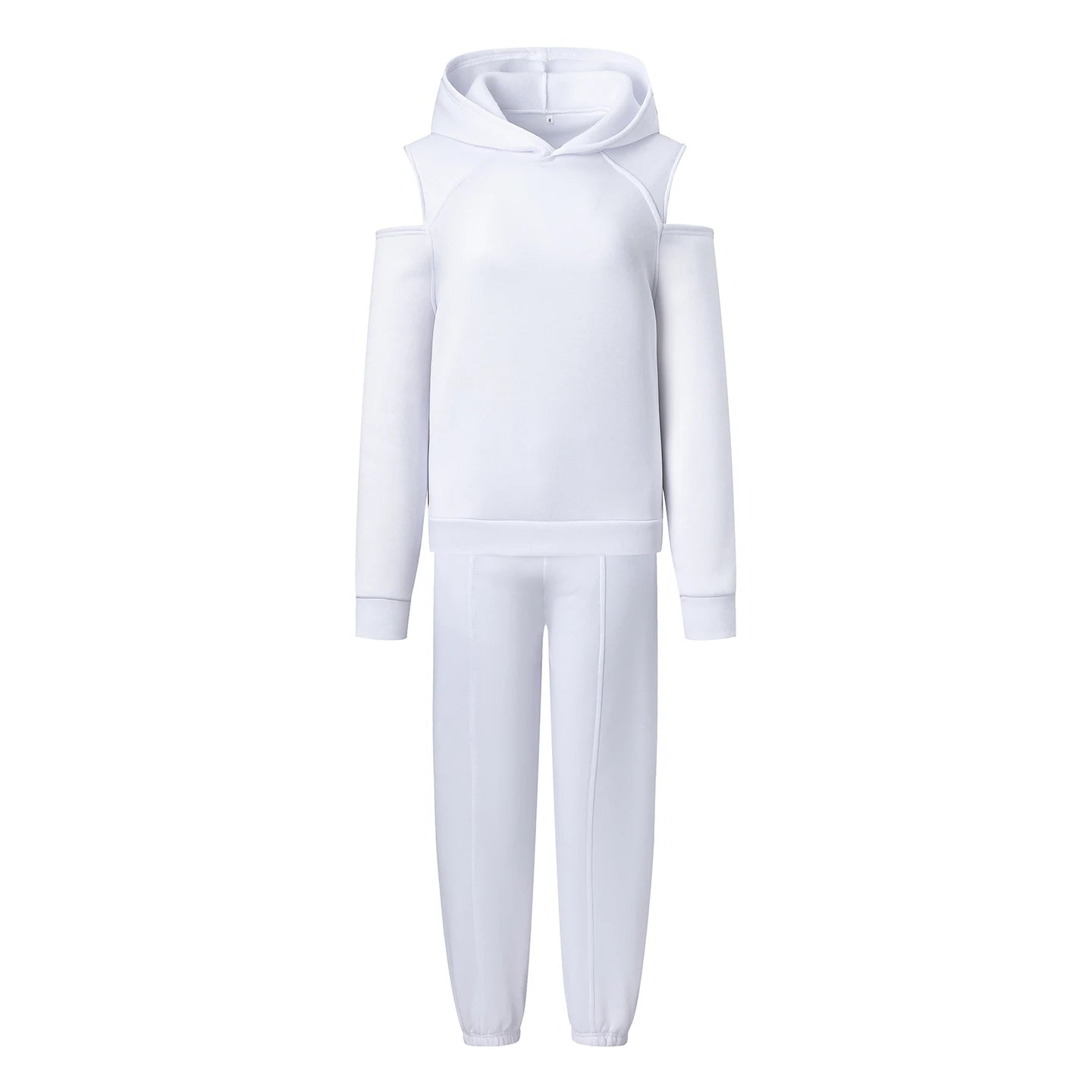 White hooded crop hoodie and matching joggers set, drawstring hood and ribbed cuffs