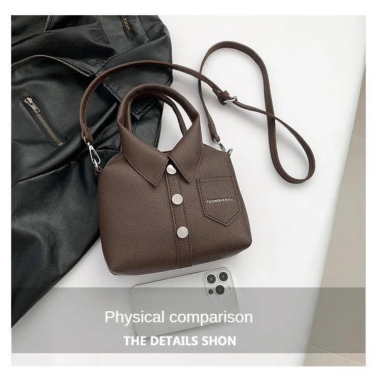 Brown square PU leather crossbody bag with long strap and front flap snaps on the front