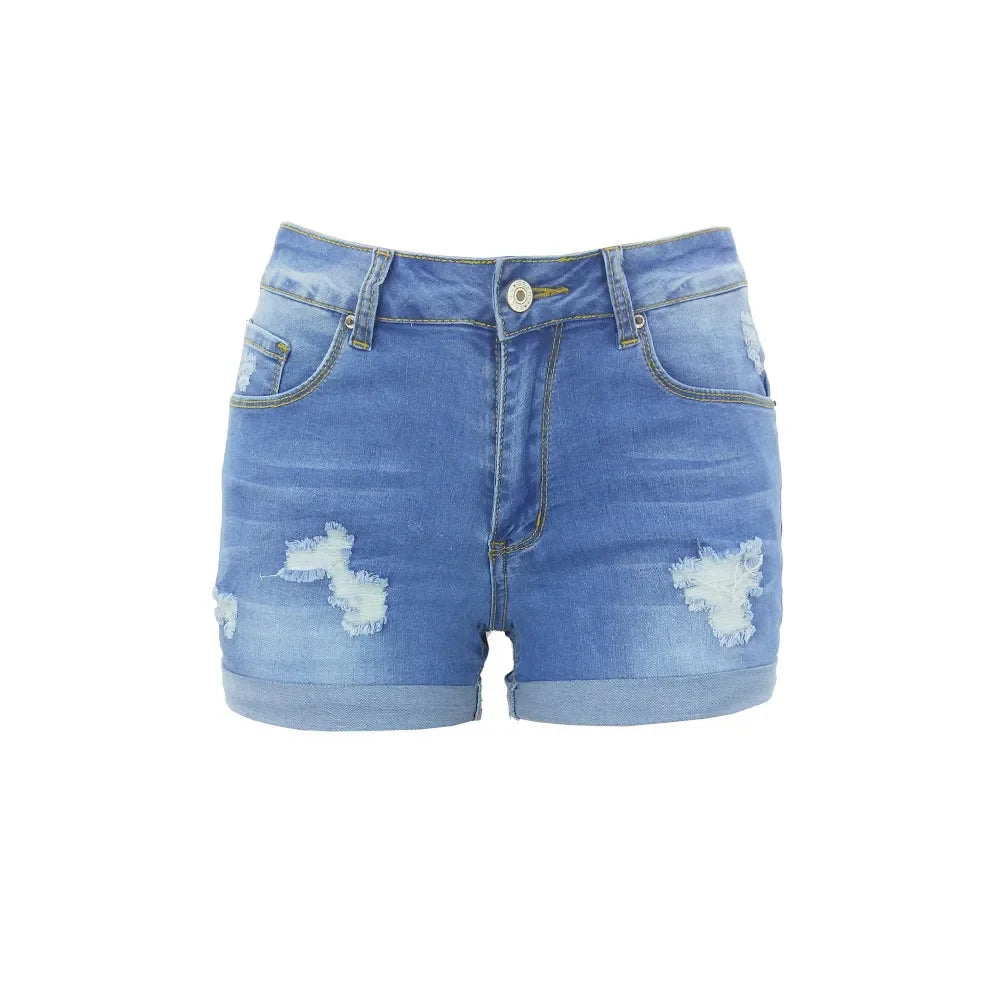 Washed Ripped Denim Shorts | Mid-Waist Street Style for Women