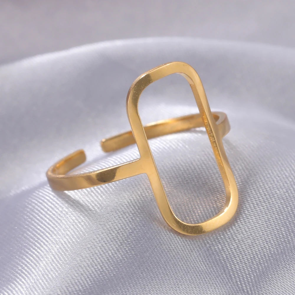 Rectangular Geometric Open Ring | 18K Gold-Plated Adjustable Stainless Steel Ring for Women