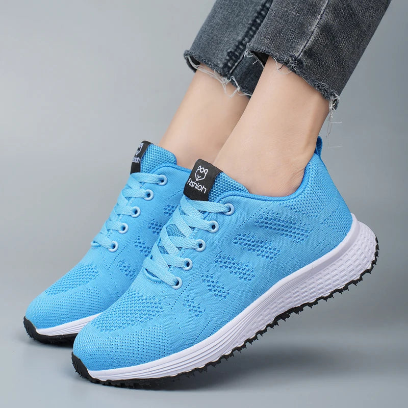 Light blue breathable mesh lace-up platform sneakers with white rubber sole