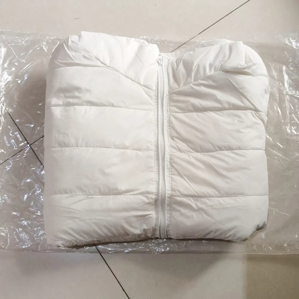 White puffer jacket with full-zip front and quilted horizontal baffles