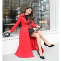 Women’s slim long trench coat in vivid red, single-breasted with lapel collar and button
