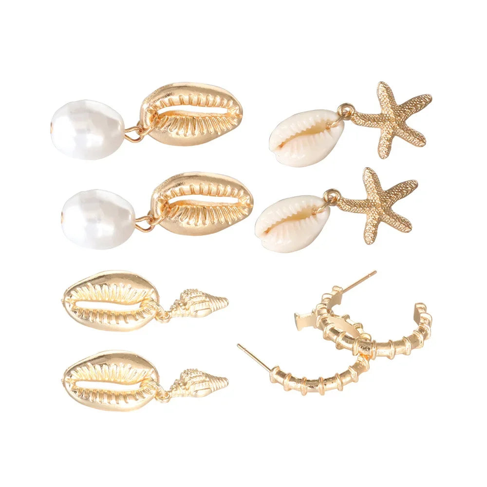 4-Pair Boho Shell & Starfish Dangle Earring Set | Summer Beach Pearl Conch Drop Earrings for Women