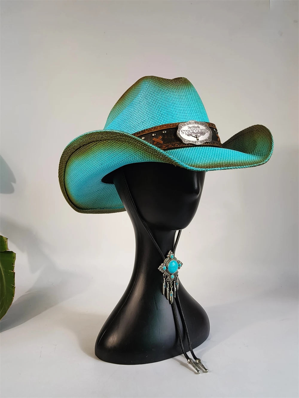 Western Straw Cowboy Hat with Turquoise Bolo Tie