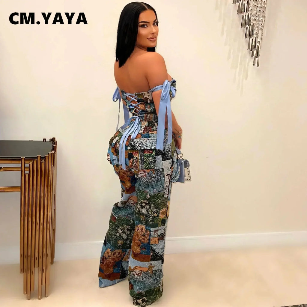 Oil Painting Print Lace-Up Crop Top & Wide-Leg Pants Set