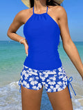 Blue halter tankini top with floral drawstring swim shorts
