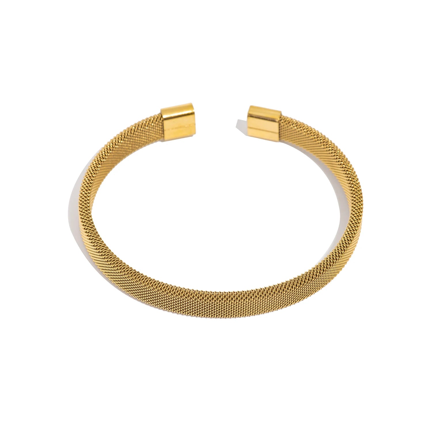 Gold-tone woven open bangle bracelet with fine mesh braid texture and flat clasp ends