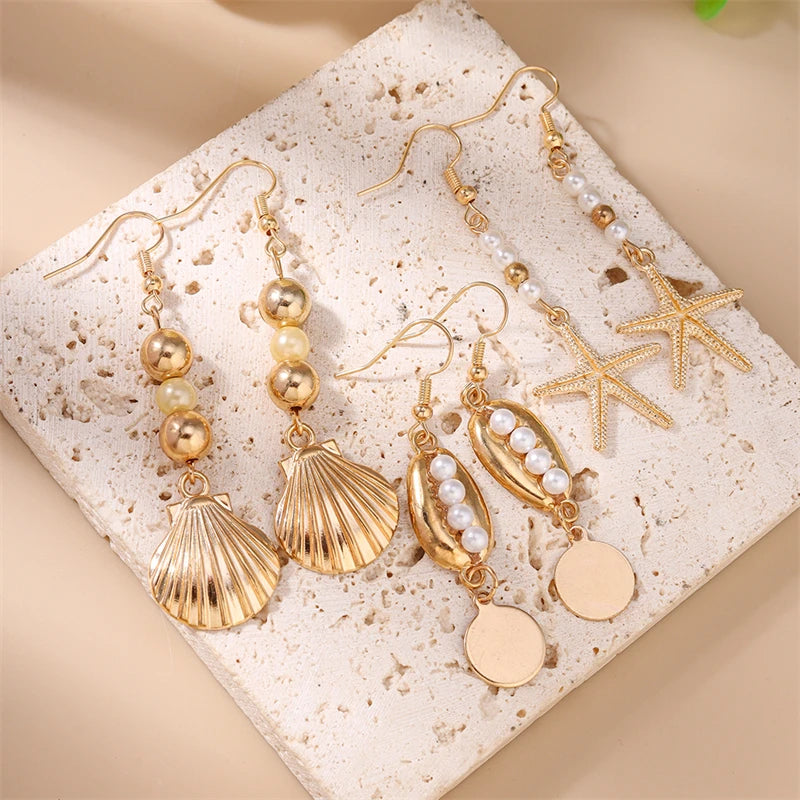 Starfish Shell Drop Earrings Set | 3 Pairs Handmade Beach Jewelry