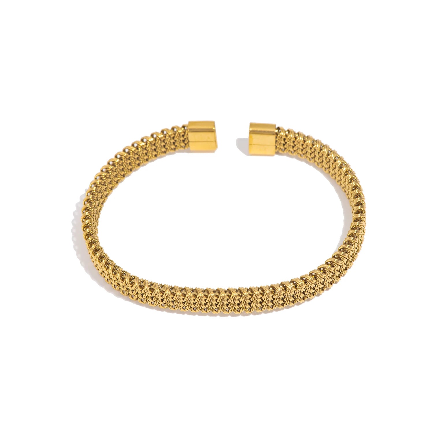 Gold-tone woven open bangle bracelet with tight braid texture and flat clasp ends
