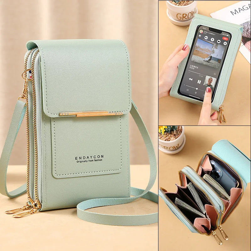 Light green PU phone crossbody wallet with flap front, gold zipper, and crossbody strap.