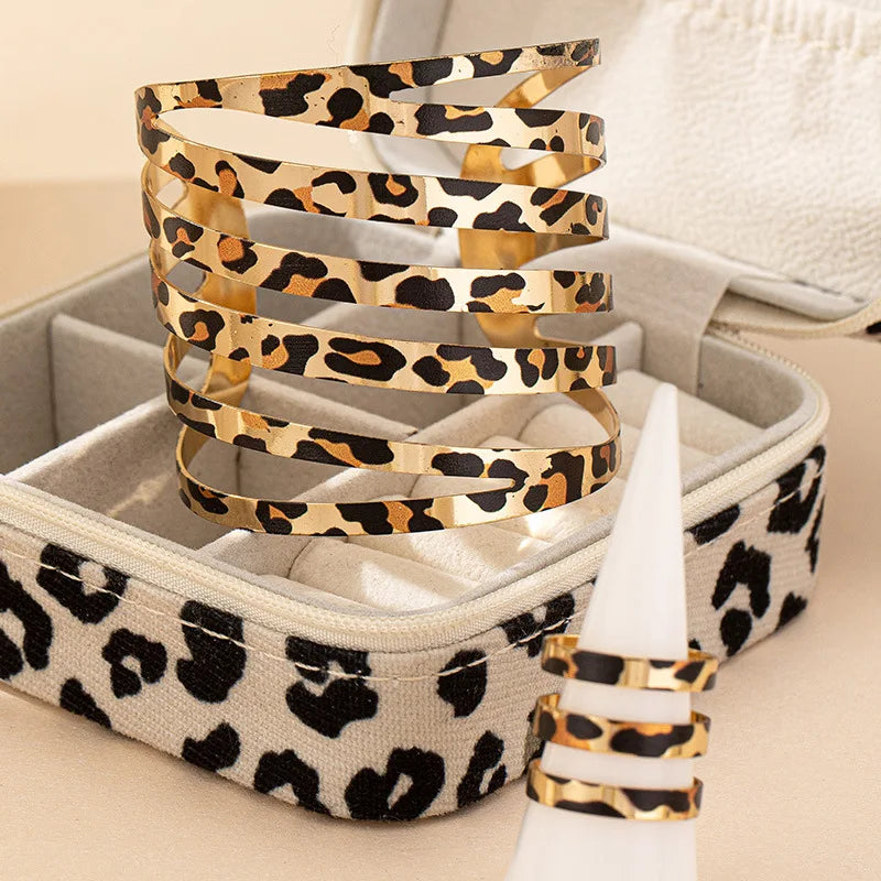 Leopard Print Bracelet & Ring Set | 2pc Hollow Striped Stainless Steel Jewelry