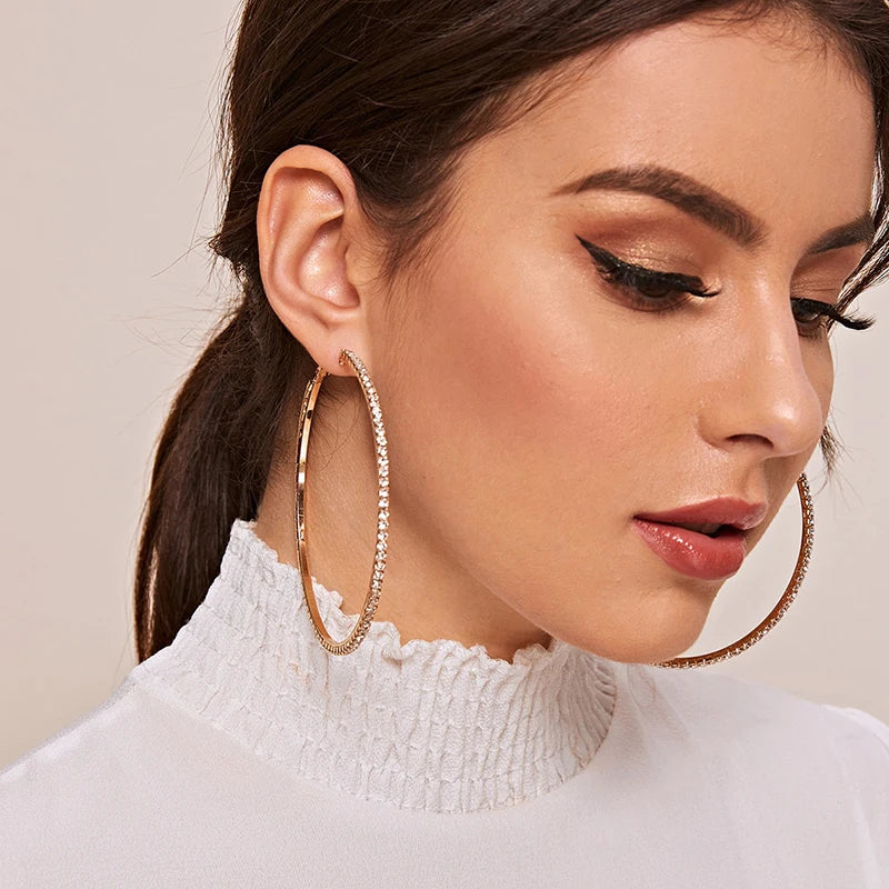 Crystal Rhinestone Big Hoop Earrings | 30–80mm Circle Hoops in Gold, Silver, Black & Rose Gold