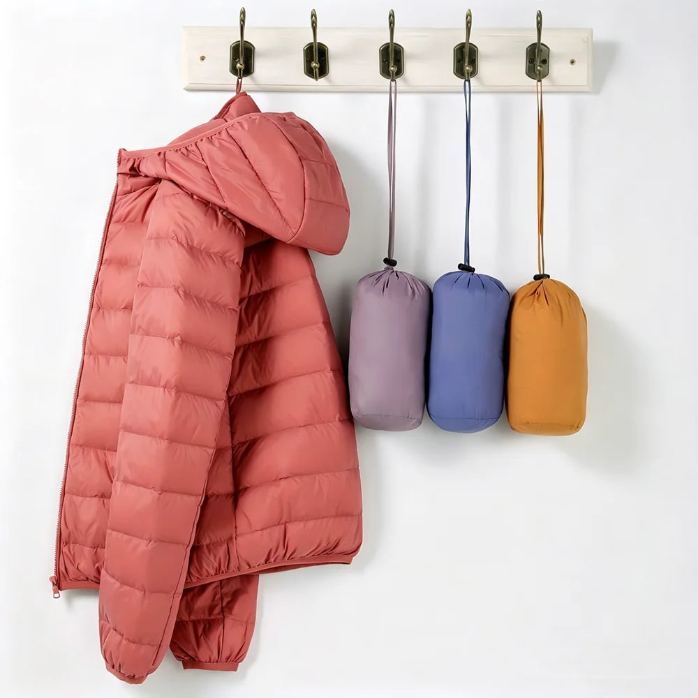 Women’s short puffer jacket, dusty rose pink, zip-front with hood