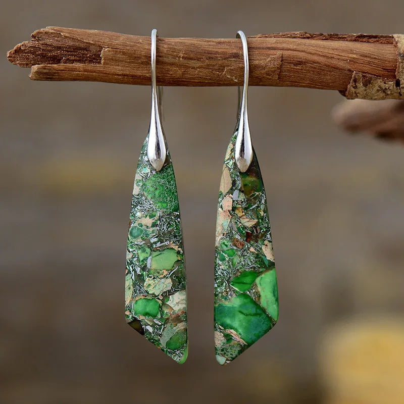 Silver-tone natural stone drop earrings with green mosaic teardrop panels