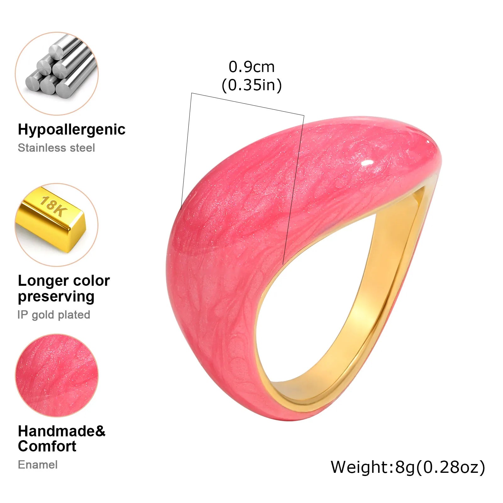 Chunky enamel crossover ring with glossy coral-pink outer enamel and gold-tone inner band.