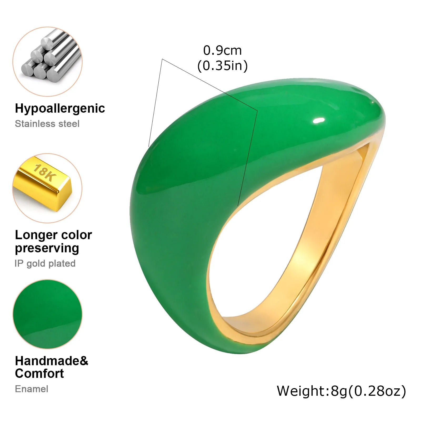 Chunky enamel crossover ring, glossy green enamel with gold-tone inner band
