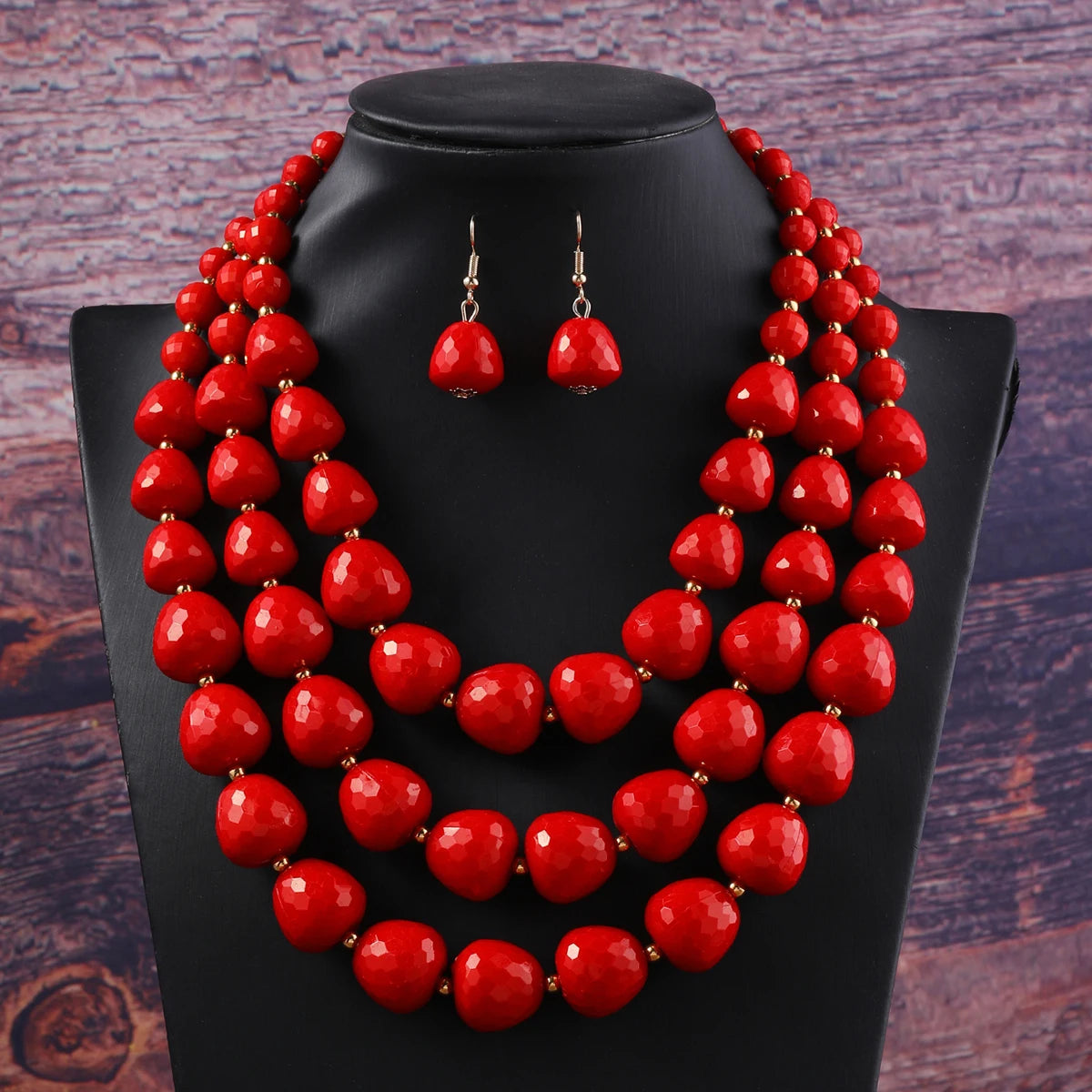 Layered beaded necklace and drop earrings set, red bead layers with gold hooks