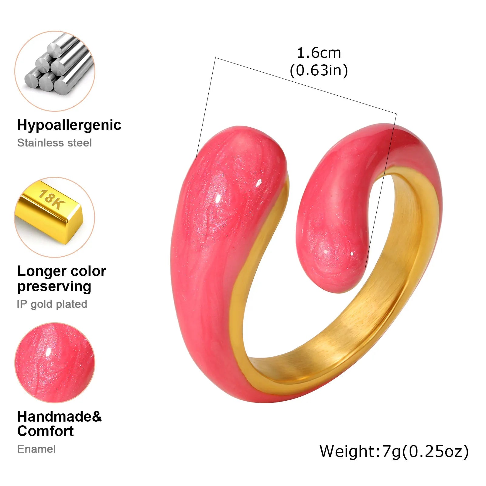 Chunky enamel crossover ring with glossy pink-red outer enamel and gold-tone inner band.