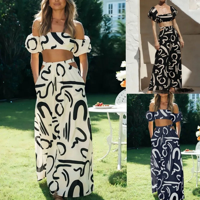 Puff Sleeve Crop Top & Hollow Waist Dress Set
