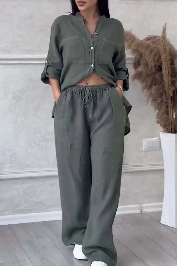 Women's linen button shirt & drawstring pants set, dark green, button-up top, drawstring waist.