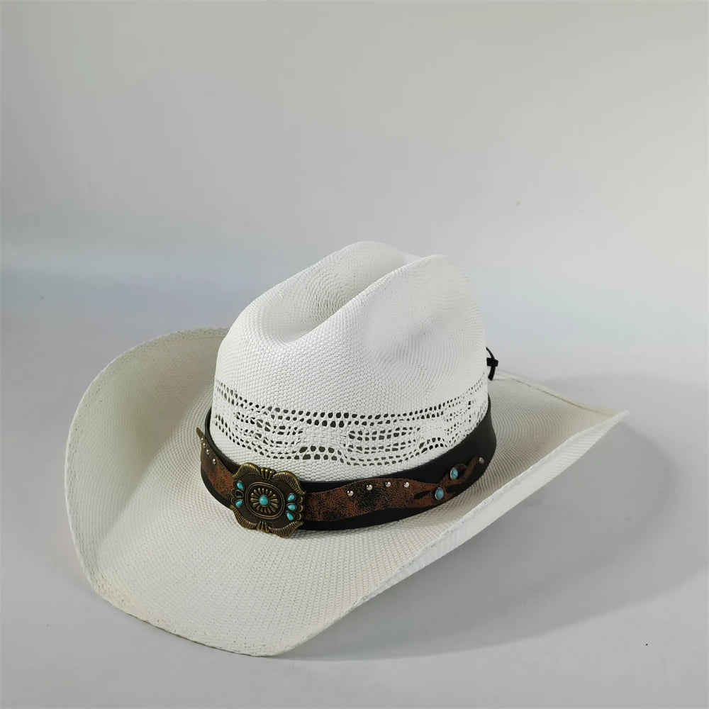 Western Straw Cowboy Hat with Turquoise Bolo Tie