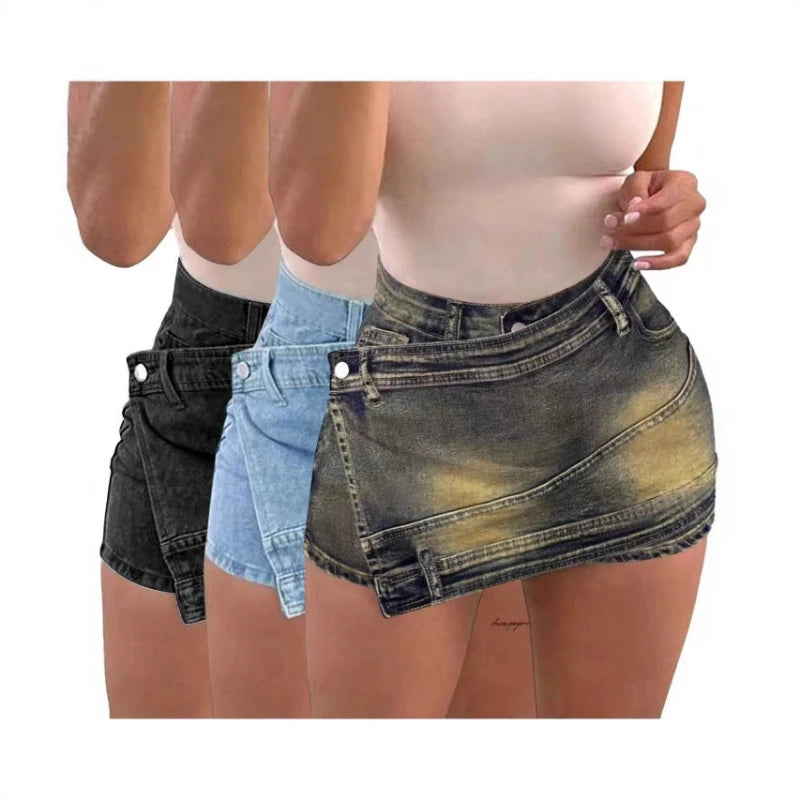 High-waist denim shorts set in black and blue washes with button closure