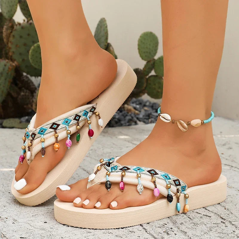 Colorful Beaded Clip Toe Sandals Women 2026 Summer Beach Tassel Flip Flops Woman Non Slip Plus Size EVA Platform Slippers Shoes