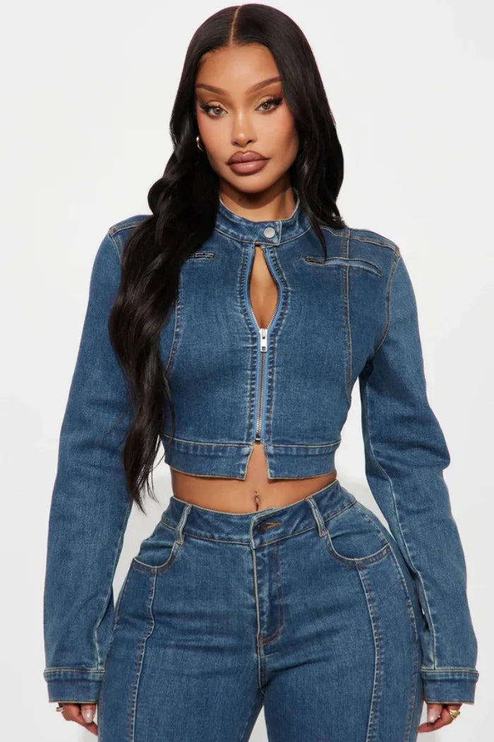 Denim Jacket & Trousers 2-Piece Set | Sexy Club Streetwear for Women