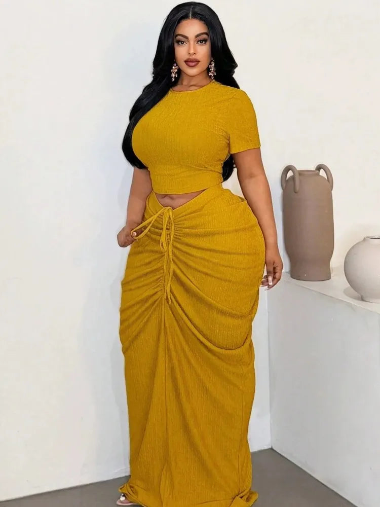 Yellow fitted top and ruched long pencil skirt with tied waist 2-piece set
